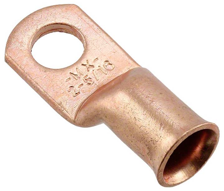 Kupferkabelschuh mit Loch für elektrische Kabelverbindung, zeigt Abmessungen und Beschriftung 'MX 2-516'. Wird zum Befestigen von Kabeln verwendet.