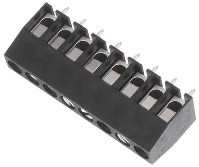 Ein schwarzer Klemmblock mit acht Steckplätzen, von denen jeder einen Metalleinsatz und eine Schraubverbindung zum Befestigen von Drähten aufweist.