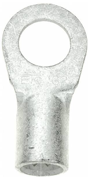 Eine Nahaufnahme eines silbernen Metallendringsteckers für elektrische Leitungen, die ein hohles zylindrisches Ende und eine flache runde Oberseite mit einem Loch zeigt.