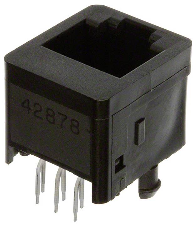 Eine schwarze RJ11-Telefonbuchse mit sechs Metallstiften, die aus der Unterseite herausragen, wird zum Verbinden von Telekommunikationsgeräten verwendet.