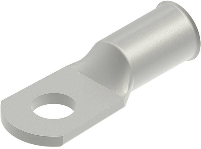 Eine Metallkabelschuh mit einem zylindrischen Abschnitt, der an einer flachen, gelochten Platte befestigt ist, wird zum Verbinden von elektrischen Drähten verwendet.
