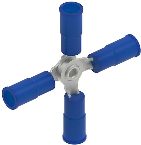 Bild eines mechanischen Gelenks mit vier blauen zylindrischen Verbindern, die in einer Kreuzform um einen zentralen grauen Nabe angeordnet sind.