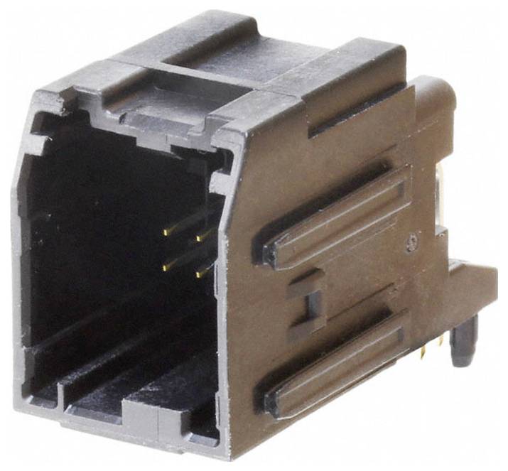 Ein schwarzer RJ45-Ethernet-Anschluss, der die rechteckige Form und die internen Goldkontakte zeigt.