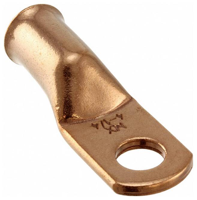 Kupferkabelschuh mit Bohrung am Ende zum Verbinden von Kabeln, verwendet in elektrischen Anwendungen.