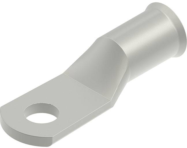 Ein Metallösenanschluss mit abgeflachtem Ende und kreisförmigem Loch, der zum Anschluss von elektrischen Drähten an Klemmen oder Schraubverbindungen verwendet wird.