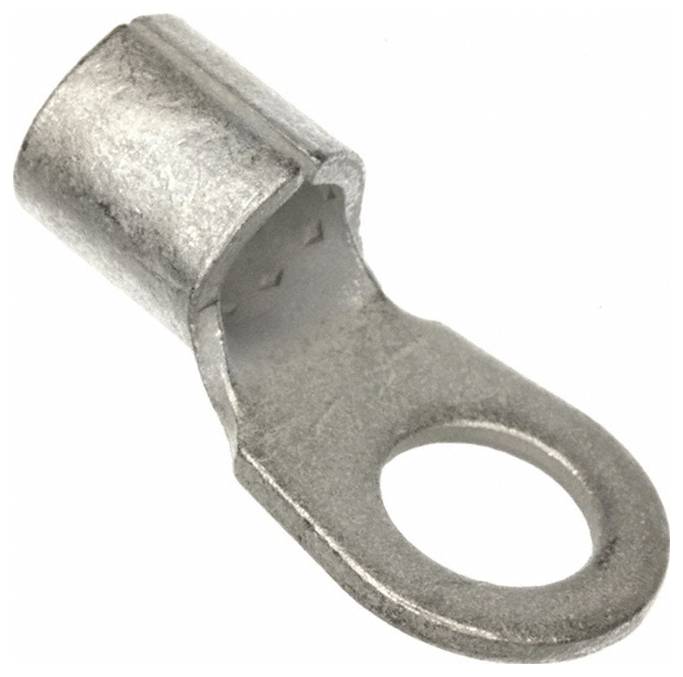 Eine Metallkabelöse mit zylindrischem Ende und flachem, kreisrundem Loch zur Verbindung, verwendet zum Befestigen von Elektrokabeln.