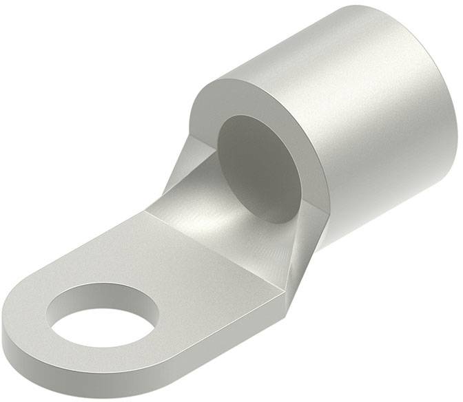 Eine metallische Kabelöse mit einem zylindrischen Körper und einer flachen Erweiterung mit einem kreisförmigen Loch. Sie ist für elektrische Kabelverbindungen ausgelegt.