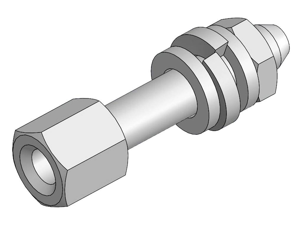 Eine graue Metallarmatur aus mehreren zylindrischen Segmenten und Sechskantmuttern, verwendet für Rohrverbindungen in der Industrie.