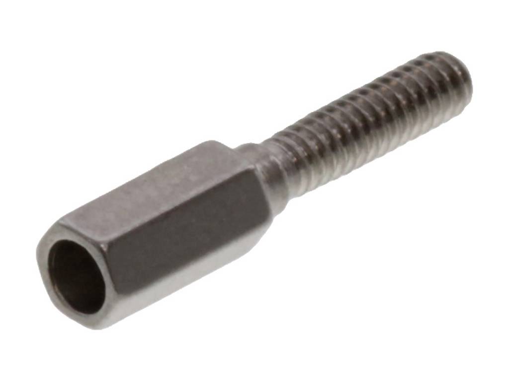 Ein Metall-Sechskant-Abstandsbolzen mit Außengewinde auf der einen und Innengewinde auf der anderen Seite.