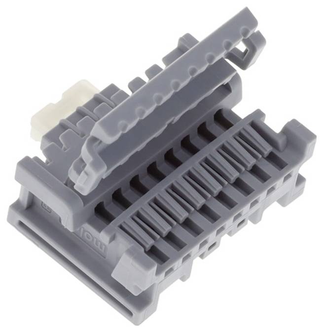 Ein grauer, offener Elektrostecker mit mehreren Schlitzen, der für die sichere Kabelanbringung konzipiert ist.