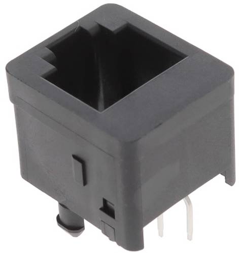 Ein schwarzer rechteckiger elektronischer Stecker mit mehreren vertikal hervorstehenden Goldkontakten, ausgelegt für die Befestigung auf Leiterplatten.