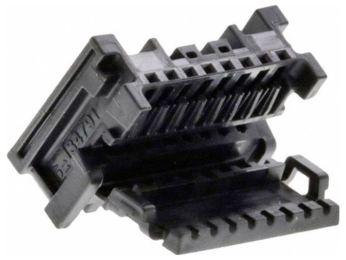 Ein schwarzer Kunststoffdrahtstecker mit mehreren Schlitzen, im Winkel offen dargestellt, um beide Hälften zur Kabeleinführung und Verbindung zu zeigen.