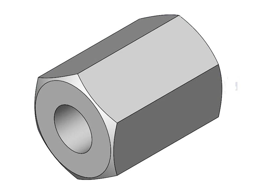 Eine sechseckige Mutter mit Gewinde, perspektivisch dargestellt. Sie zeigt das Loch und die Facetten der Schraubenmutter.