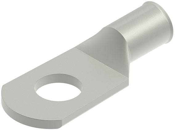 Eine silberfarbene metallische Kabelschuh mit flachem, kreisförmigem Ende mit einem Loch, entwickelt zum Anschließen von Drähten an Geräte oder für Erdungszwecke.
