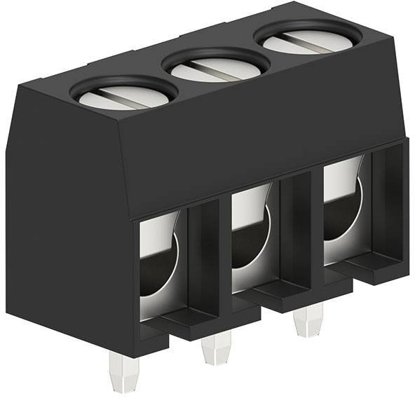 Ein dreifach schwarzer Anschlussklemmenblock, Seitenansicht, mit Schraubkontakten zur Befestigung von Verdrahtungen, verwendet in elektrischen Verbindungen.
