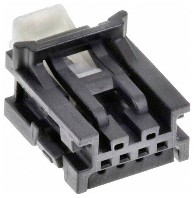 Ein kleiner, schwarzer Kunststoff-Elektrostecker mit mehreren Anschlüssen und einer weißen Klammer auf der Oberseite, der in elektronischen Baugruppen verwendet wird.