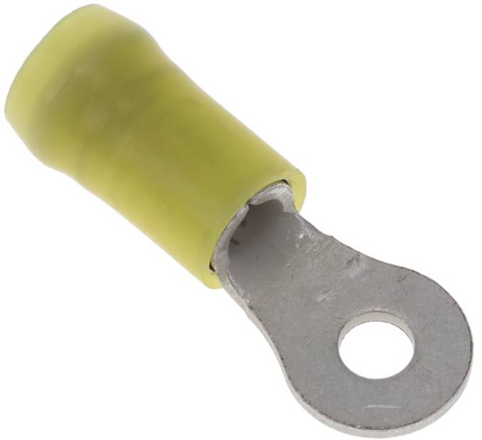 Ein Metallringanschluss mit gelbem isoliertem Ärmel, entwickelt zum Verbinden von elektrischen Drähten mit Anschlüssen.