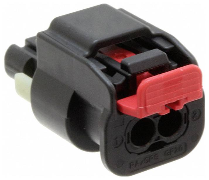 Schwarzer und roter Elektrostecker mit zweipoliger Konstruktion und Verriegelungsmechanismus, verwendet für sichere elektrische Verbindungen.
