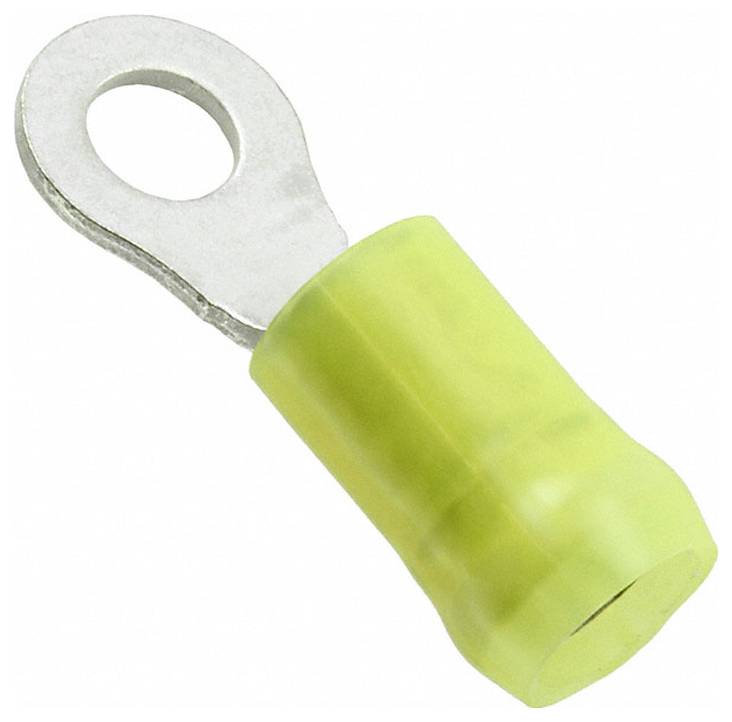 Ein gelbes isoliertes Ringkabelschuh zum Verbinden von Leitungen mit einem Bolzen oder einer Schraube, mit einem Metallring für sichere Befestigung.