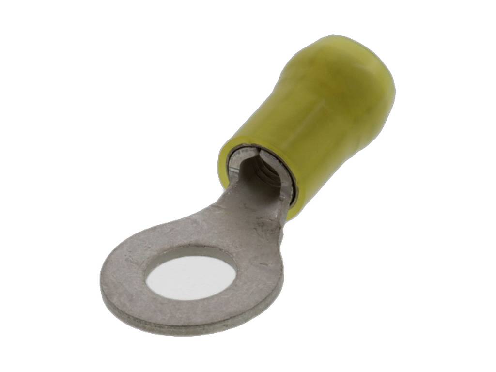Ein gelber Kabelschuh mit Ringöse, geeignet für den Anschluss von Kabeln an Schraubverbindungen.