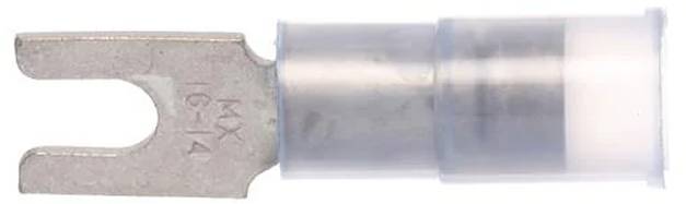 Ein Metall-Gabelklemmanschluss mit transparenter Isolierhülle, gekennzeichnet als MX 16-14.