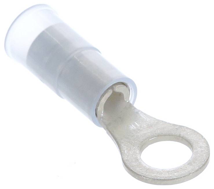 Ein metallischer Ringkabelschuh mit einer zylindrischen Hülse, der zum Anschließen von Drähten an einen Bolzen oder Pfosten in elektrischen Anwendungen verwendet wird.