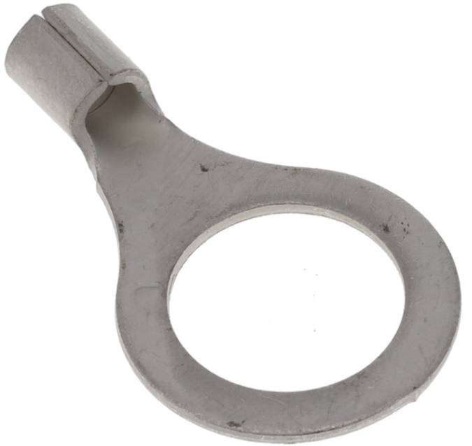 Ein Metallringanschluss mit einem kreisförmigen Ende und einem anderen Ende, das leicht gestaucht ist, wird für elektrische Verbindungen verwendet.