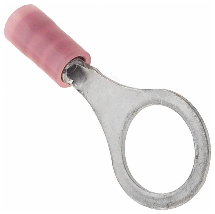 Ein Metallring-Kabelschuh mit rosa isolierter Hülse, verwendet für elektrische Verbindungen, mit einem kreisförmigen Loch für sichere Befestigung an einem Pfosten.