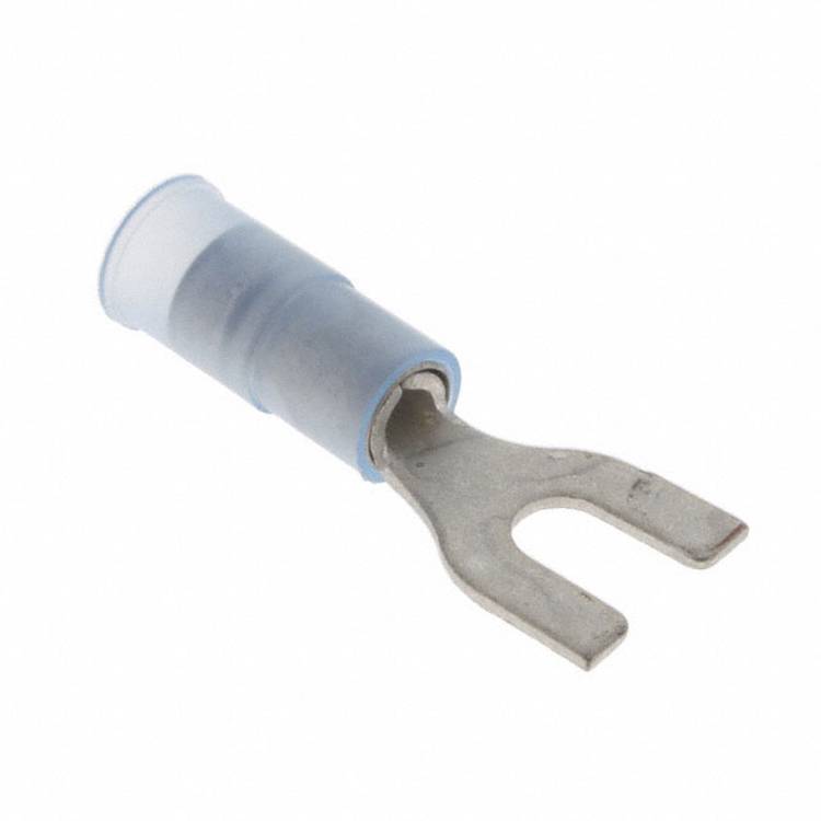 Ein blauer und silberner Metallsteckanschluss für Spatenform, der für elektrische Verkabelung verwendet wird, ist dargestellt. Er hat ein gegabeltes Ende zur Verbindung.