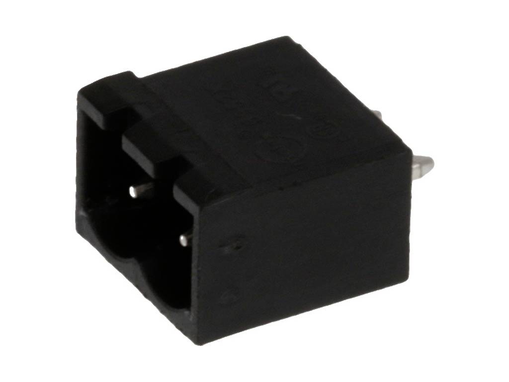 Ein schwarzer elektrischer Steckverbinder mit zwei Steckplätzen, horizontal ausgerichtet und von schräg oben betrachtet.