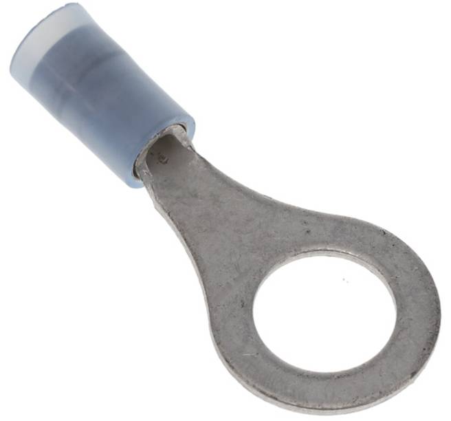 Ein metallisches Ringkabelschuh mit blauer isolierter Kappe, der zum Verbinden von Drähten mit einer Schraube oder einem Stift verwendet wird, typischerweise in elektrischen Anwendungen.