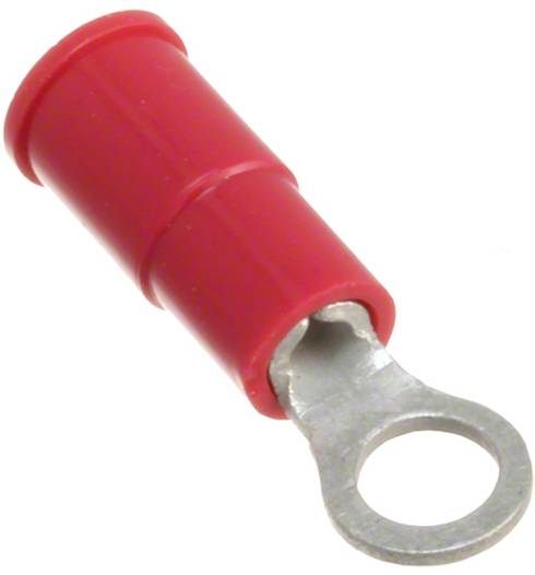 Ein rotes isoliertes Ringklemmen-Terminal für elektrische Verbindungen, mit einem hohlen Zylinder und einem Metallring zur Drahtbefestigung.