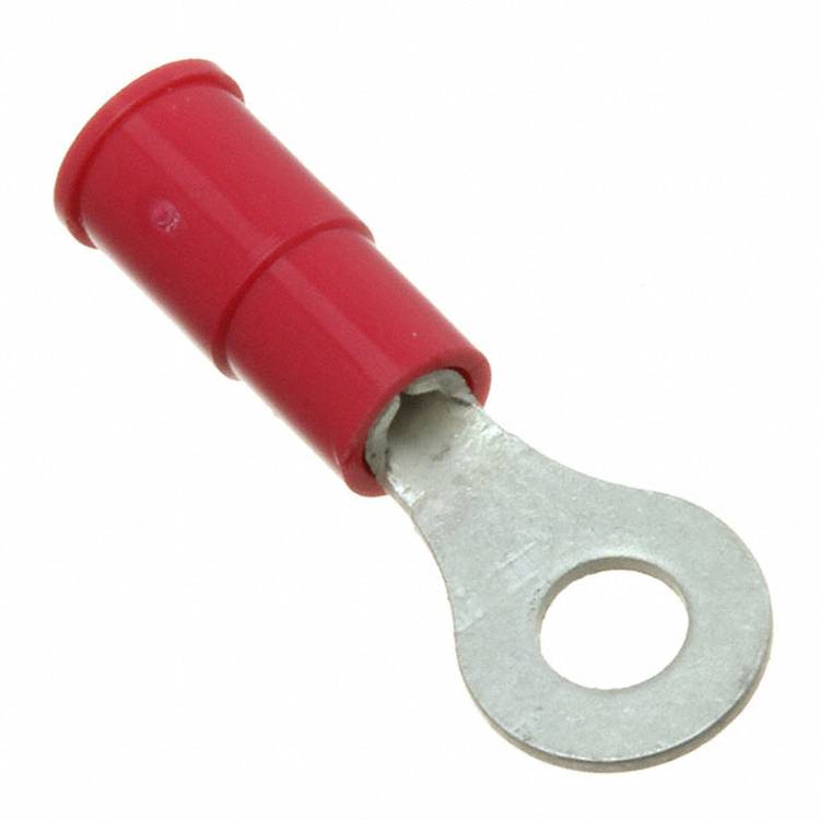 Ein rotes isoliertes Ringlitze mit einer Metallschleife zum Verbinden von elektrischen Drähten, isoliert auf weißem Hintergrund.
