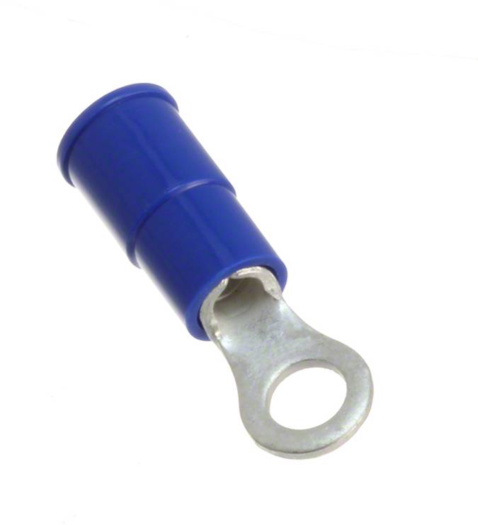 Ein blauer isolierter Ringzahnkontakt mit einer Metallschlaufenöse, der zum Anschließen von Drähten an elektrische Komponenten verwendet wird.