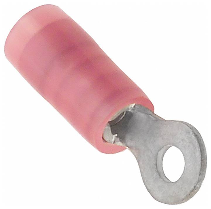 Ein rosa isoliertes Ringkabelschuh mit einer Metallöse, das zum sicheren Anschließen von Elektrokabeln an einer Schraube oder einem Bolzen verwendet wird.