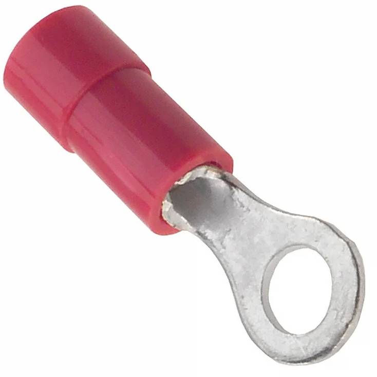 Ein rot isoliertes Ringkabelschuh mit Metallöse, verwendet zum Befestigen von Drähten an einem Bolzen oder Schraube für elektrische Verbindungen.
