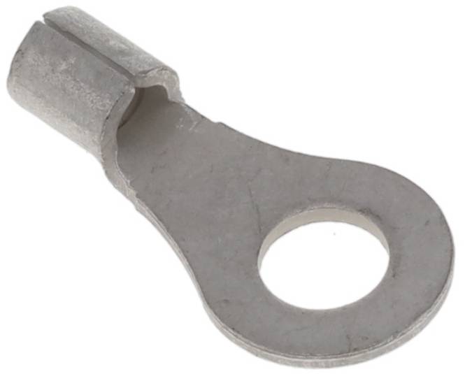 Metallischer Ringkabelschuh mit kreisförmigem Loch und Crimpende. Wird zum Befestigen von Elektrokabeln an Verbindungsstellen verwendet.