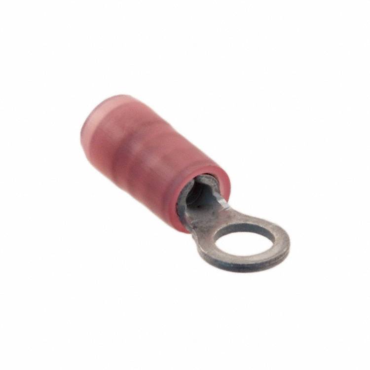 Roter isolierter Ringkabelschuh für elektrische Anwendungen mit metallischer Öse für sichere Drahtverbindungen.