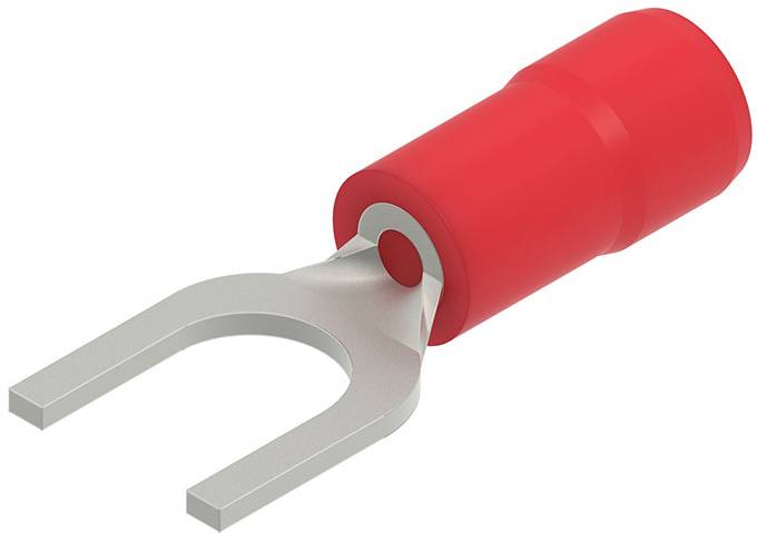 Ein roter isolierter Flachstecker mit einer Metallgabel, der für elektrische Verbindungen verwendet wird.