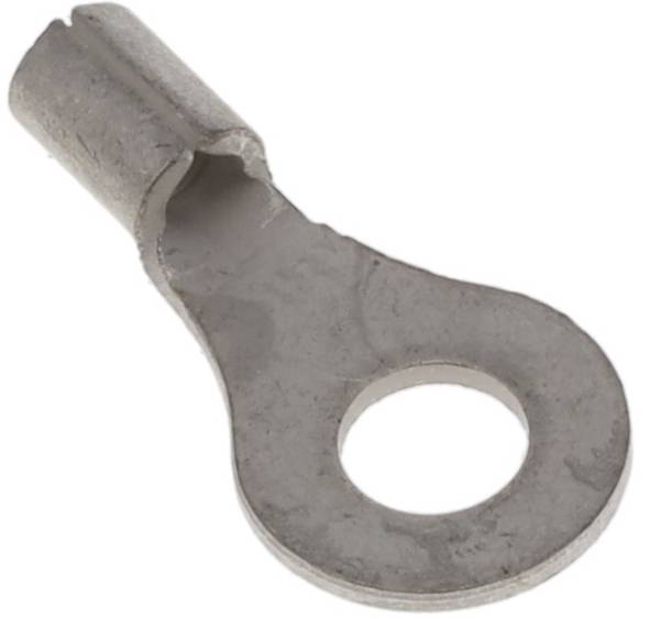 Ein Metallringklemmen-Stecker mit kreisförmiger Öffnung und Crimpende, der zum Befestigen von Elektrokabeln an einem Bolzen oder Klemmenblock verwendet wird.