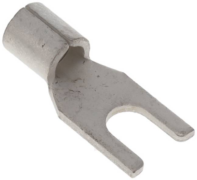 Ein Metall-Gabelstecker mit röhrenförmigem Ende, das zum Verbinden von elektrischen Drähten in Klemmen verwendet wird.