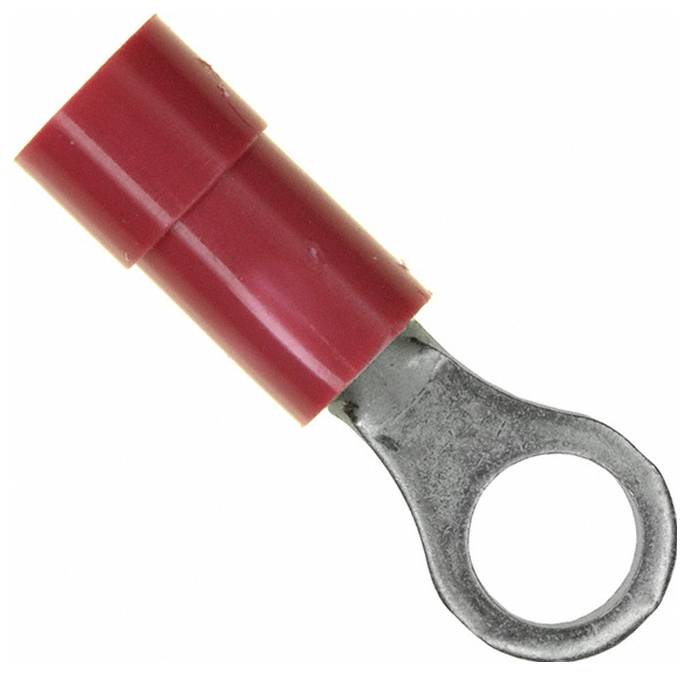 Ein roter isolierter Ringkabelschuh mit einer Metallöse, der zum Anschluss von Stromkabeln an eine Schraube oder einen Stift auf einer Klemmleiste verwendet wird.