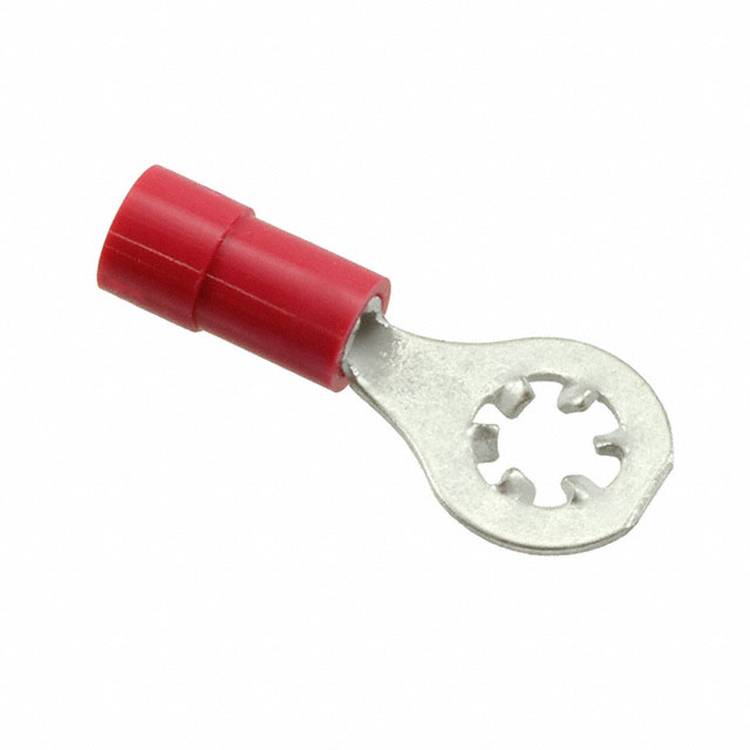 Ein rotes isoliertes Ringkabelschuh, das zur Sicherung von Drahtverbindungen in elektrischen Anwendungen verwendet wird, wird vor einem weißen Hintergrund gezeigt.