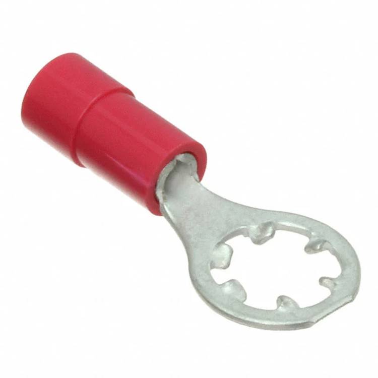 Ein rotes, isoliertes Ringkabelschuh mit einer metallischen Ösenausführung, das für elektrische Verbindungen verwendet wird.