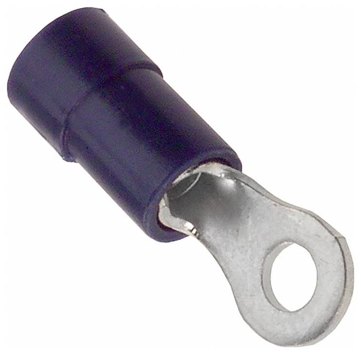 Blauer isolierter Crimpverbinder mit Ring, verwendet für elektrische Verbindungen, hat einen Metallring für sichere Verkabelung und eine blaue Kunststoffhülse zur Isolierung.