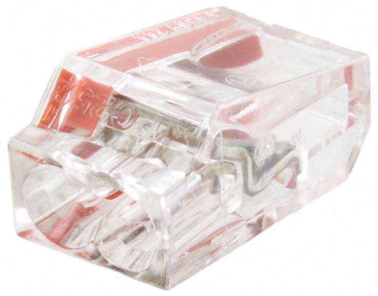 Ein transparenter Kunststoff-Drahtverbinder mit einem roten Hebel, der zum sicheren Verbinden von Stromkabeln verwendet wird.