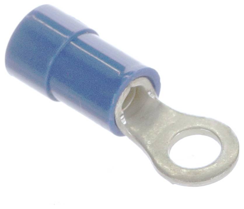 Ein blauer isolierter Ringkabelschuh mit einer Metallöse für die elektrische Verdrahtung.