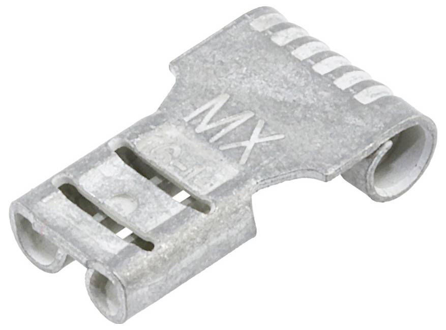 Metallverbindungsstück mit der Bezeichnung MX mit zwei Schlitzen und Seitenschleifen, das zum Befestigen von Elektroleitungen in elektrischen Anlagen verwendet wird.
