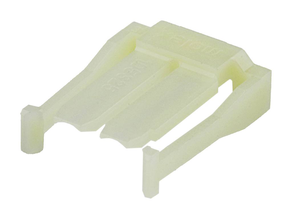Ein weißer, plastischer Clip in dreieckiger Form mit drei Flügeln, auf denen das Wort 'Push' eingraviert ist.