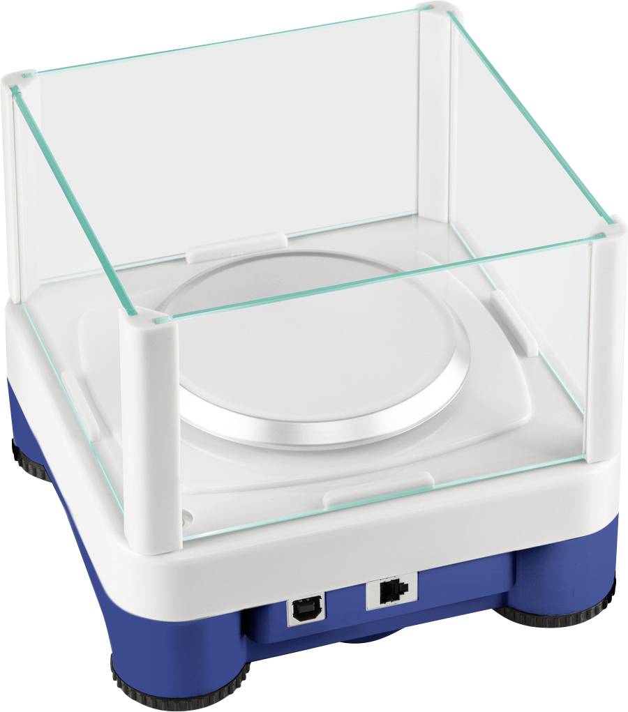 Elektronische Waage mit rechteckiger Glasschutzverkleidung und runder Wiegeplatte auf einem blauen Sockel mit Anschlüssen.